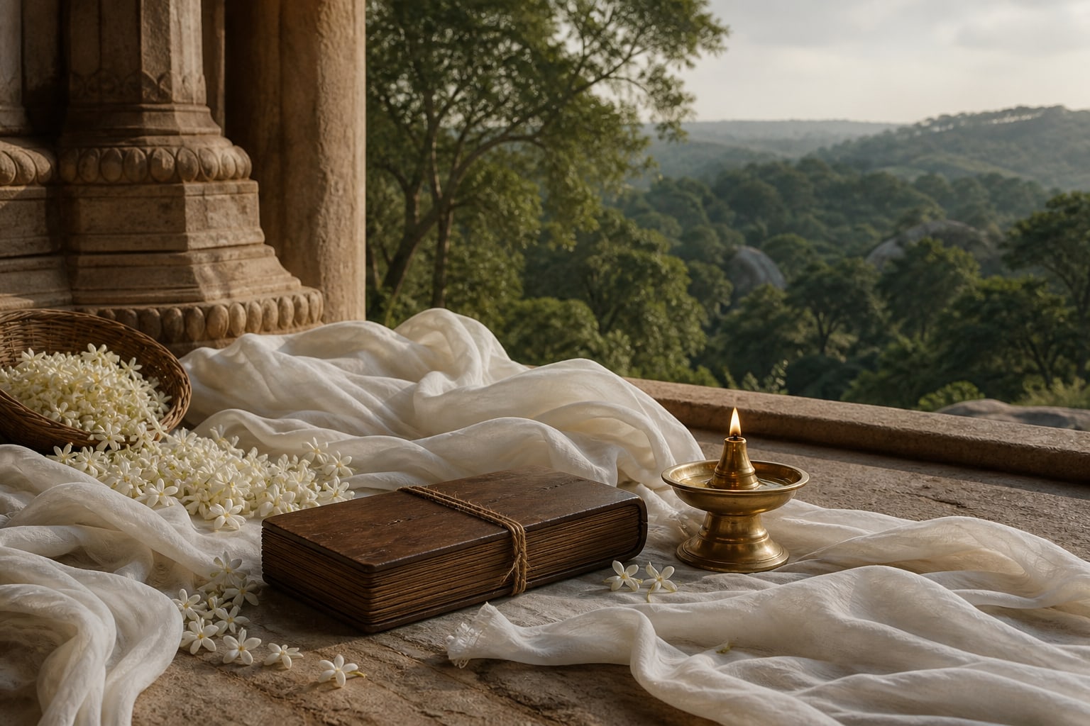 Illustrative editorial portrait symbolising women, learning and spiritual inquiry in Karnataka.