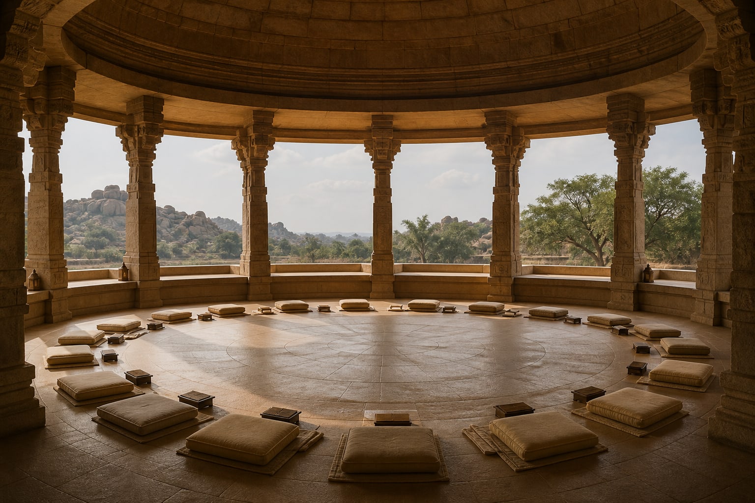 Illustrative open pillared hall arranged for calm collective dialogue.