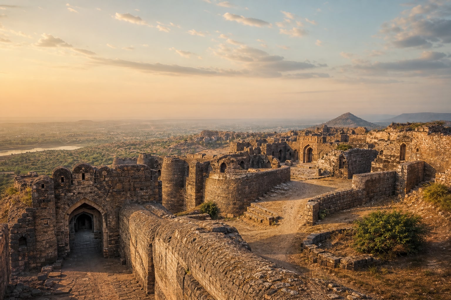Illustrative weathered Deccan fort courtyard and stone archways.