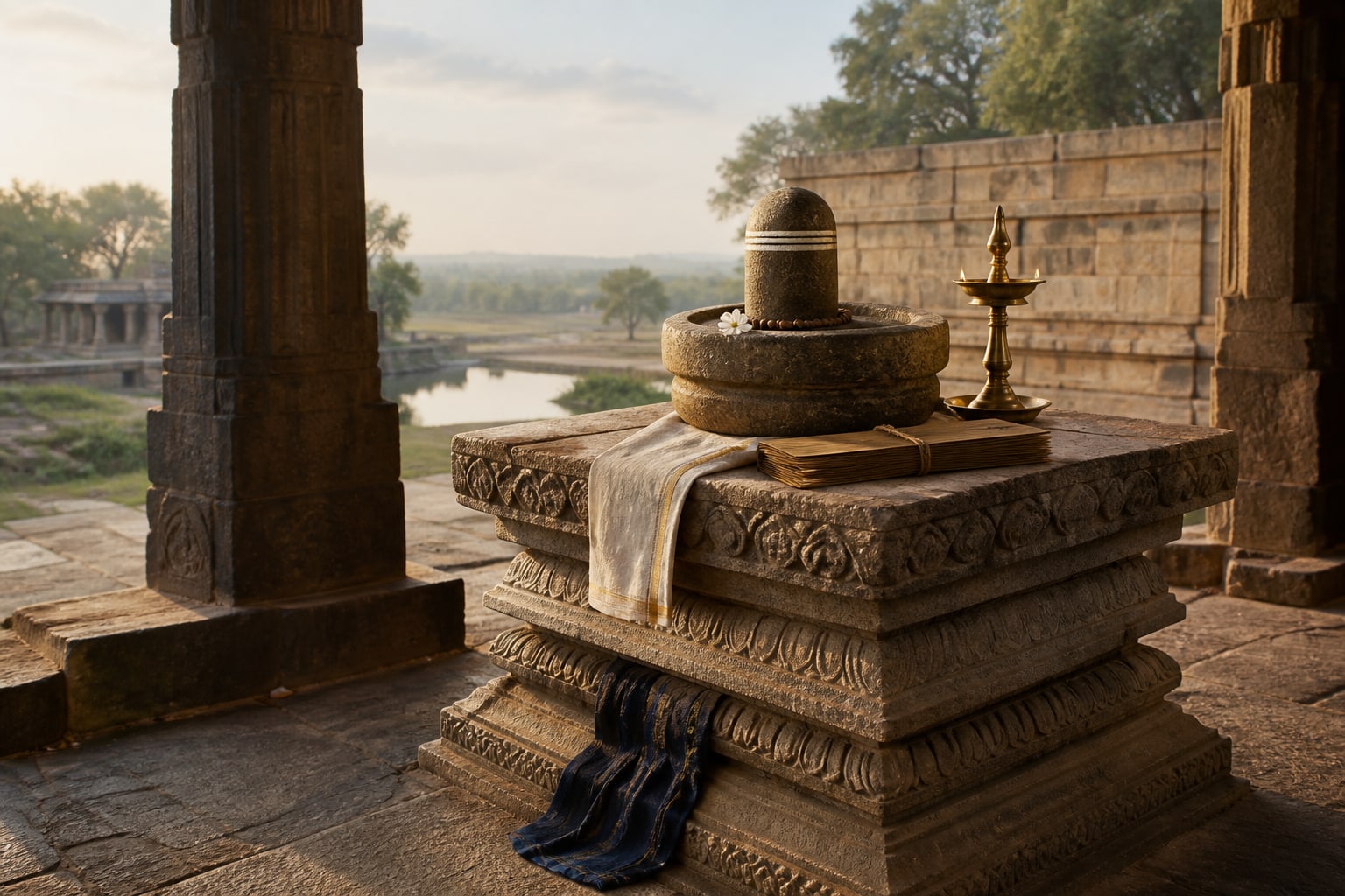 Illustrative carved memorial stone, oil lamp and concentric golden light.