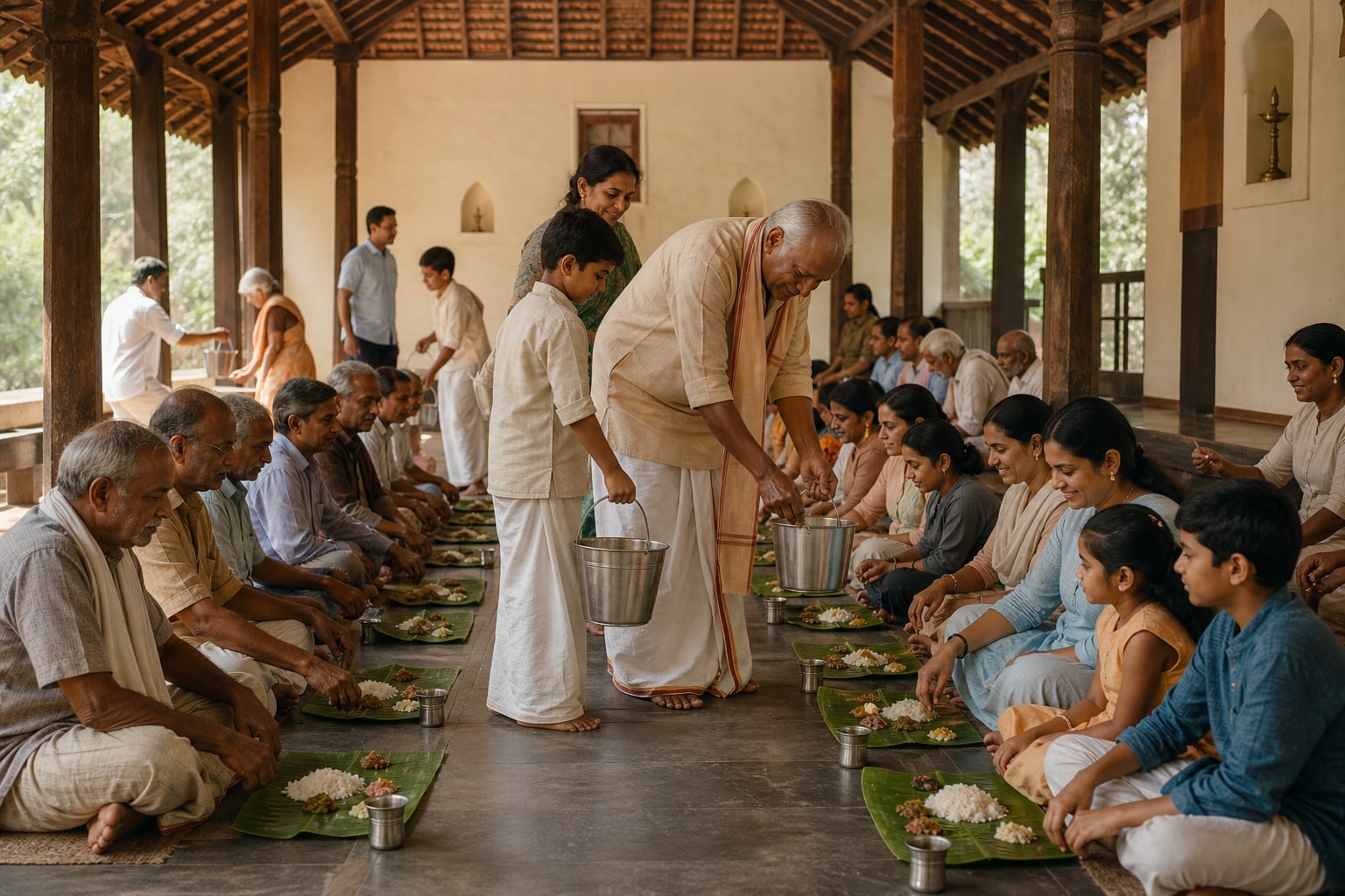 Illustrative intergenerational volunteers serving a shared meal on banana leaves.