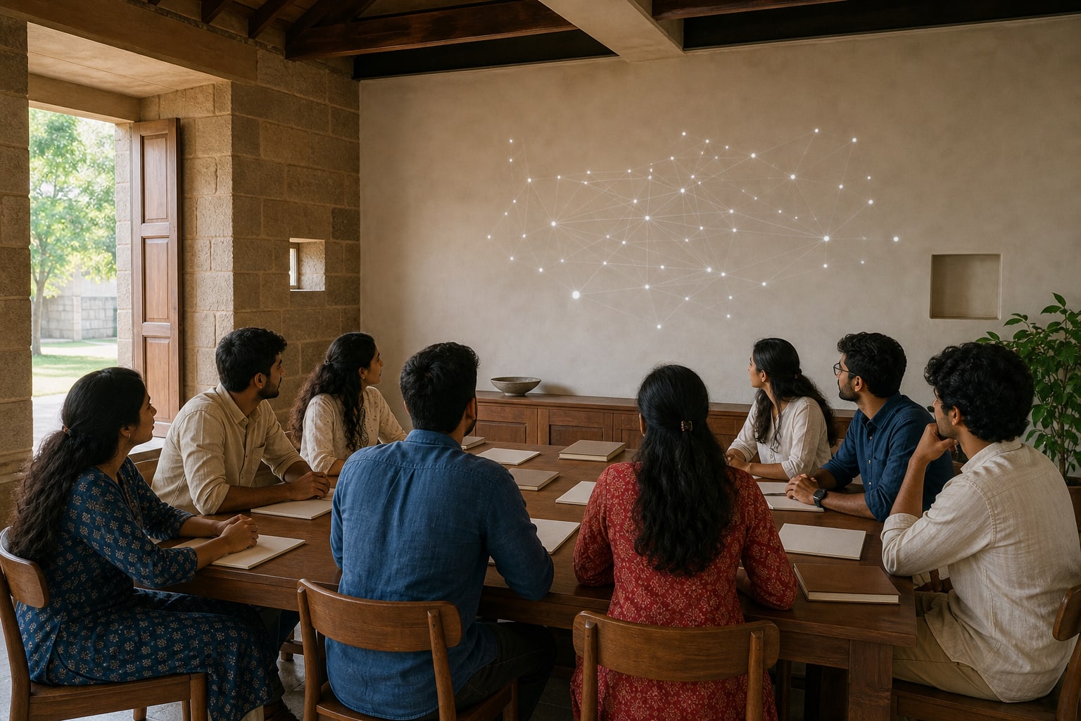 Illustrative young adults planning learning and service around a shared table.