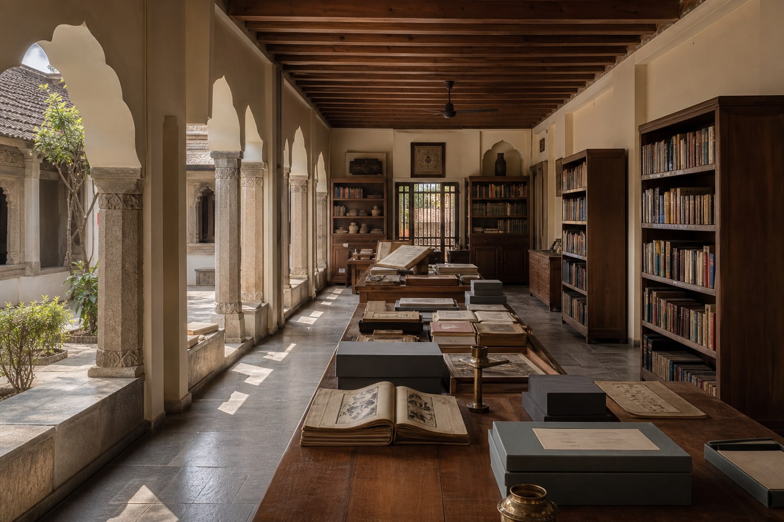 Illustrative sunlit educational corridor with arches and books.