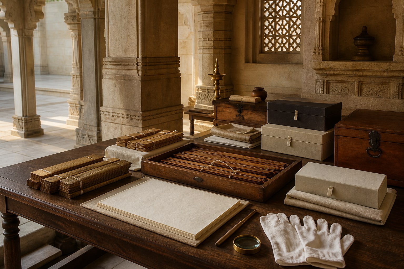 Illustrative palm-leaf manuscripts, magnifying glass, stylus and ink.