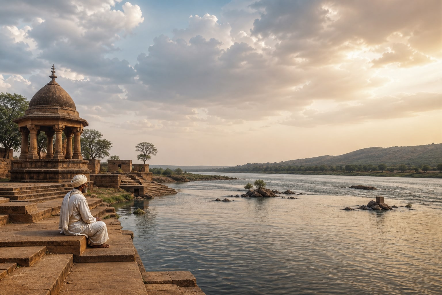 Illustrative golden river confluence with distant stone architecture.