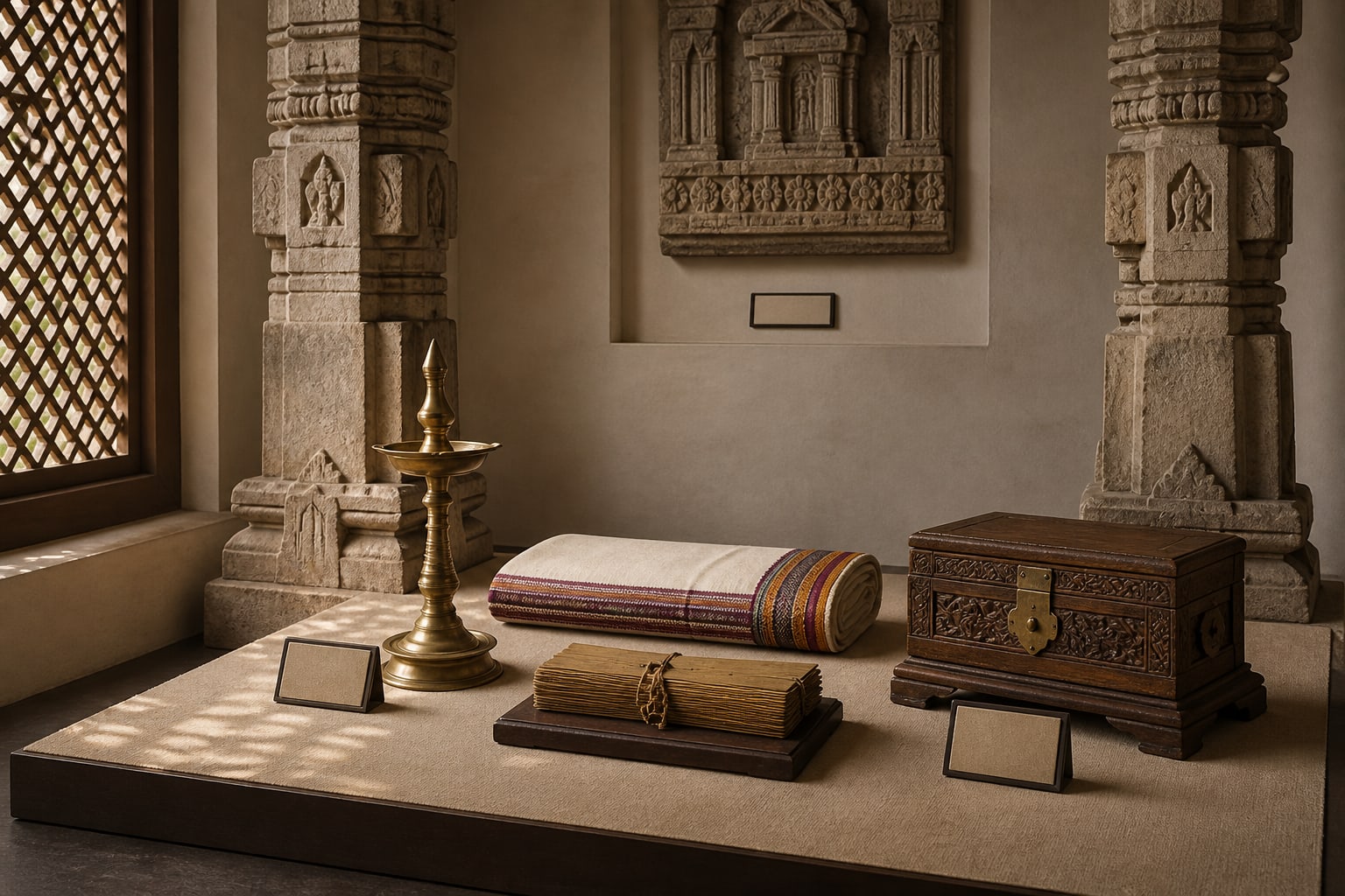 Illustrative pillared stone alcove with a brass lamp, textile and closed manuscript.