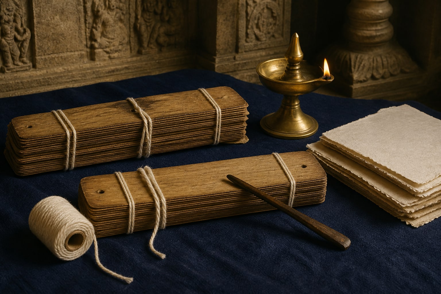 Illustrative palm-leaf manuscripts, cotton thread, stylus and reading lamp.