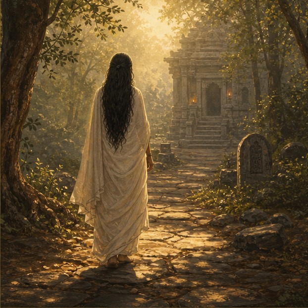 Symbolic illustration of an anonymous woman walking along a luminous forest path toward a stone shrine.