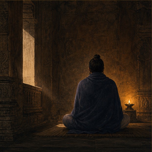 Symbolic illustration of an anonymous meditative figure in a quiet lamp-lit stone chamber.