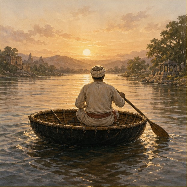 Symbolic illustration of an anonymous boat worker guiding a coracle across a river at dawn.