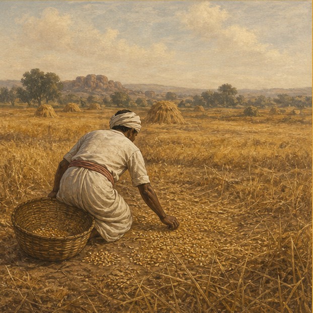 Symbolic illustration of an anonymous worker gathering scattered grain into a woven basket.