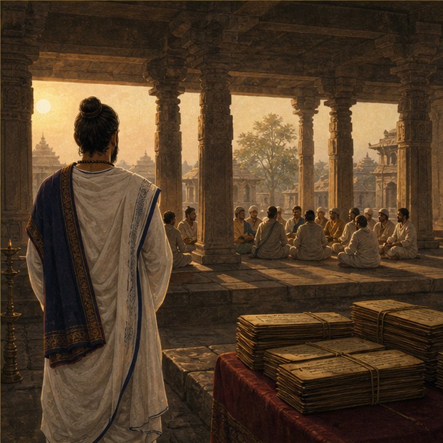 Symbolic illustration of an anonymous figure overlooking an open stone gathering hall and palm-leaf manuscripts.