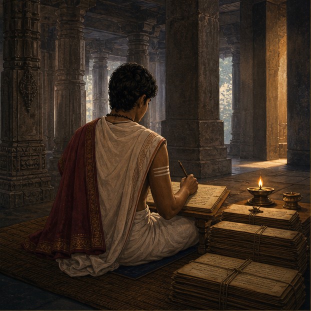 Symbolic illustration of an anonymous scholar writing on palm leaves in a stone-pillared hall.