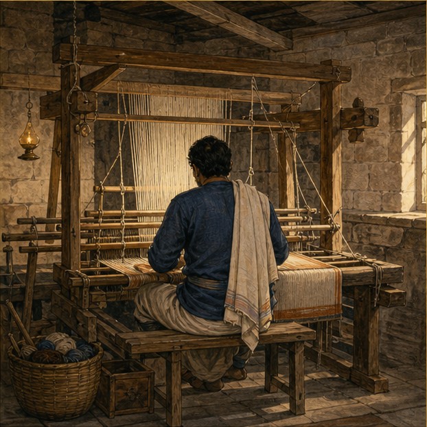Symbolic illustration of an anonymous artisan working at a traditional handloom.