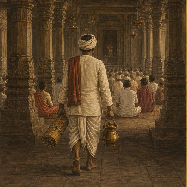 Symbolic illustration of an anonymous participant carrying a wrapped manuscript and service vessels into a gathering hall.