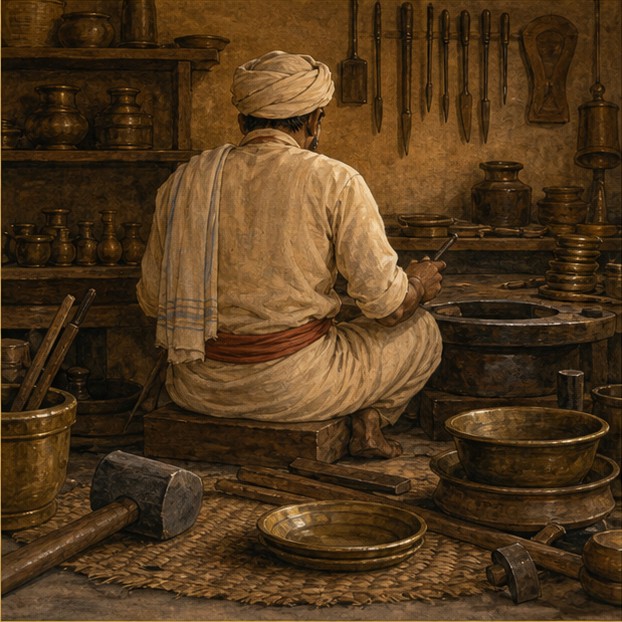 Symbolic illustration of an anonymous craftsperson at work in a traditional workshop.