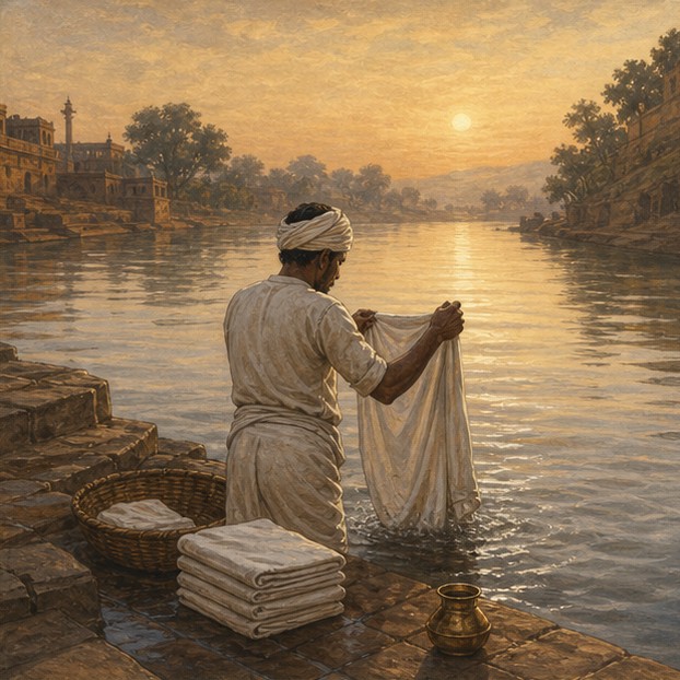 Symbolic illustration of an anonymous traditional worker washing and folding cloth beside river steps.
