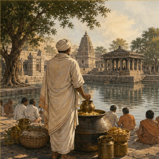 Symbolic illustration of an anonymous community worker arranging food and water beside a temple tank.