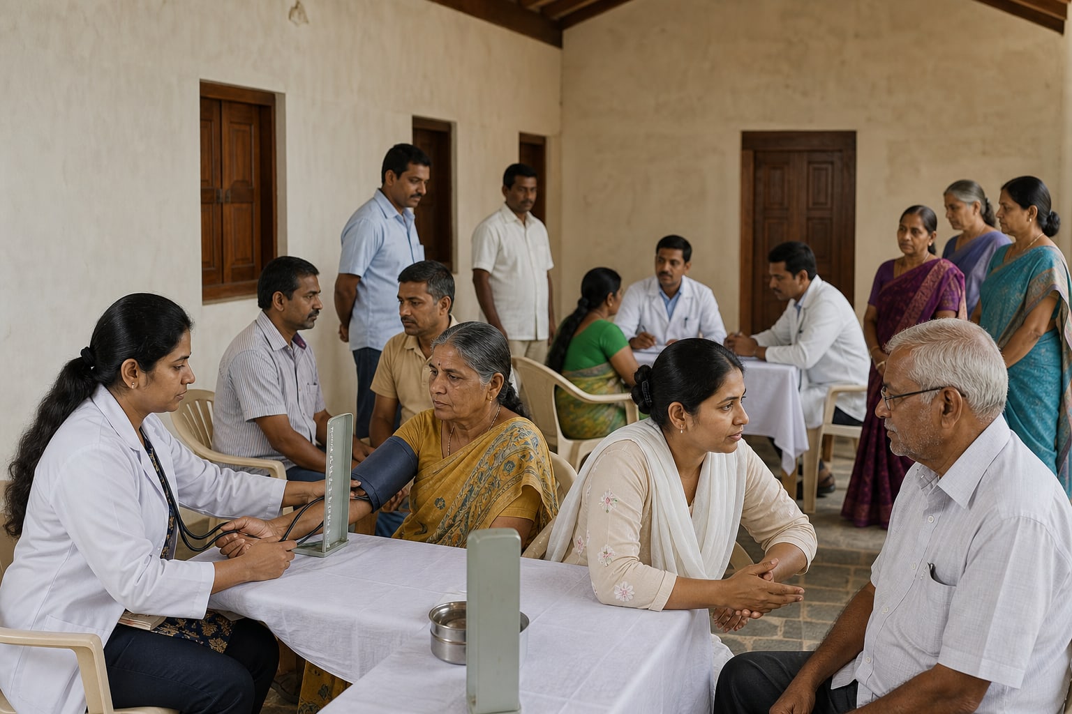 Illustrative preventive health consultations in a neutral community hall.