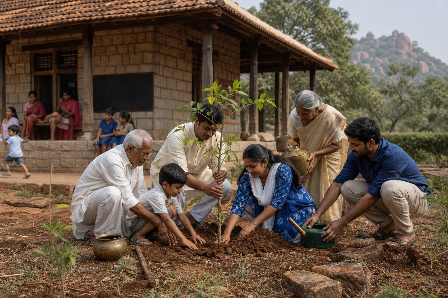 Illustrative family and community volunteers planting a native tree sapling together.