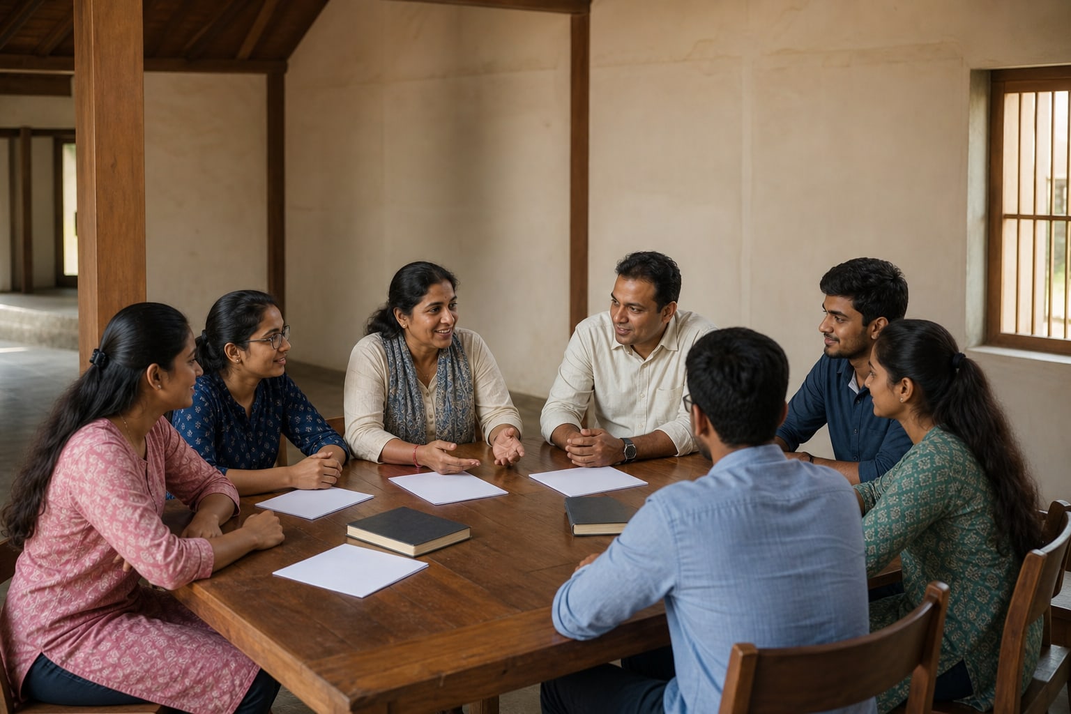 Illustrative mentors guiding college-age students around a wooden table.