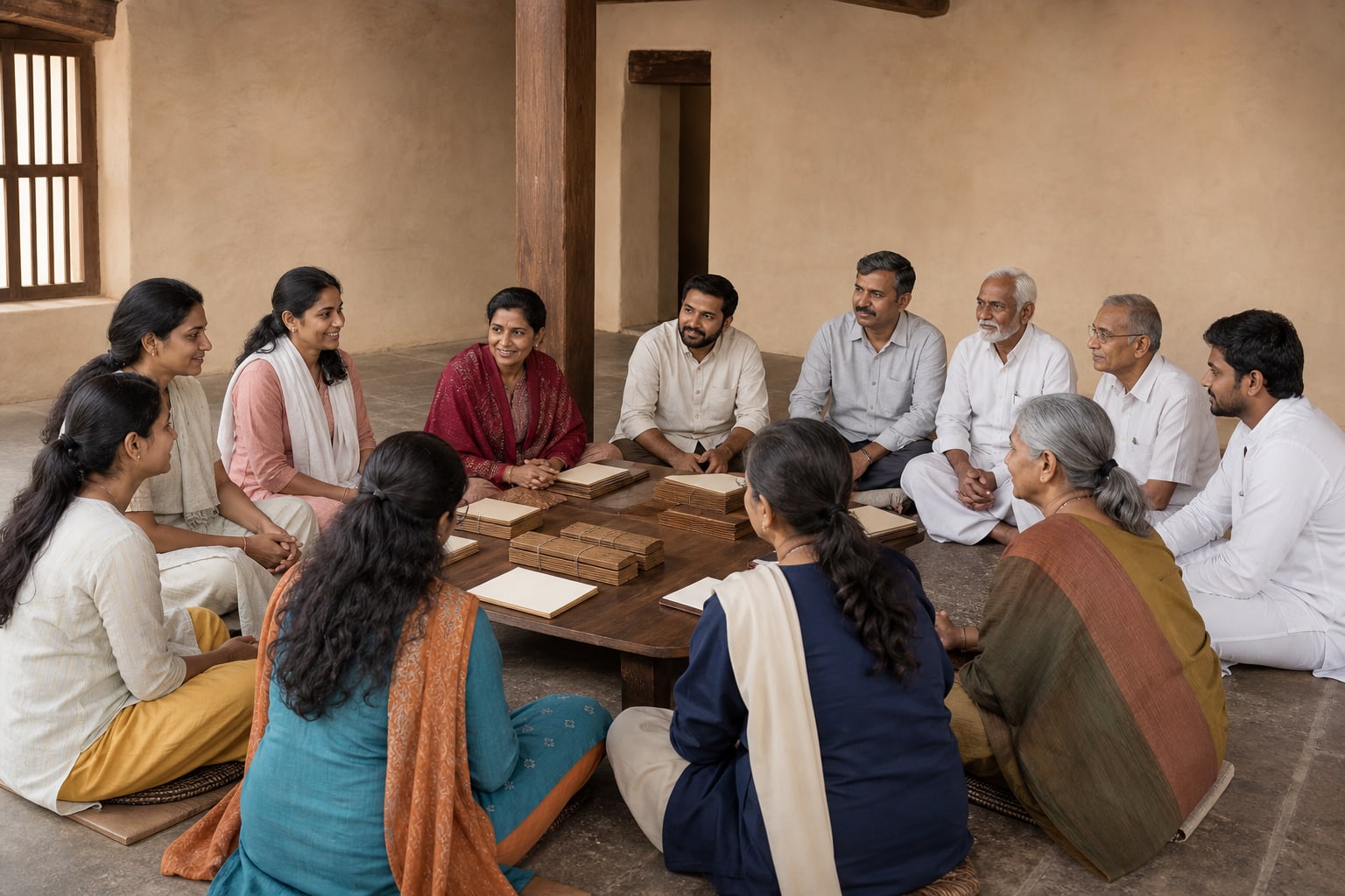 Illustrative intergenerational Vachana learning circle in a neutral Karnataka community hall.